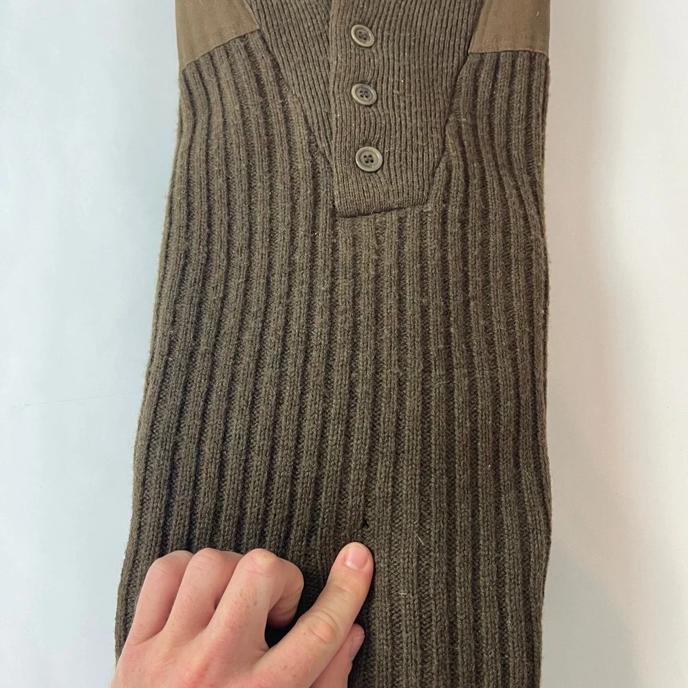 LL Bean Sweater Mens M Olive Greeen Lambs Wool Commando Ribbed Elbow Patch Gorp